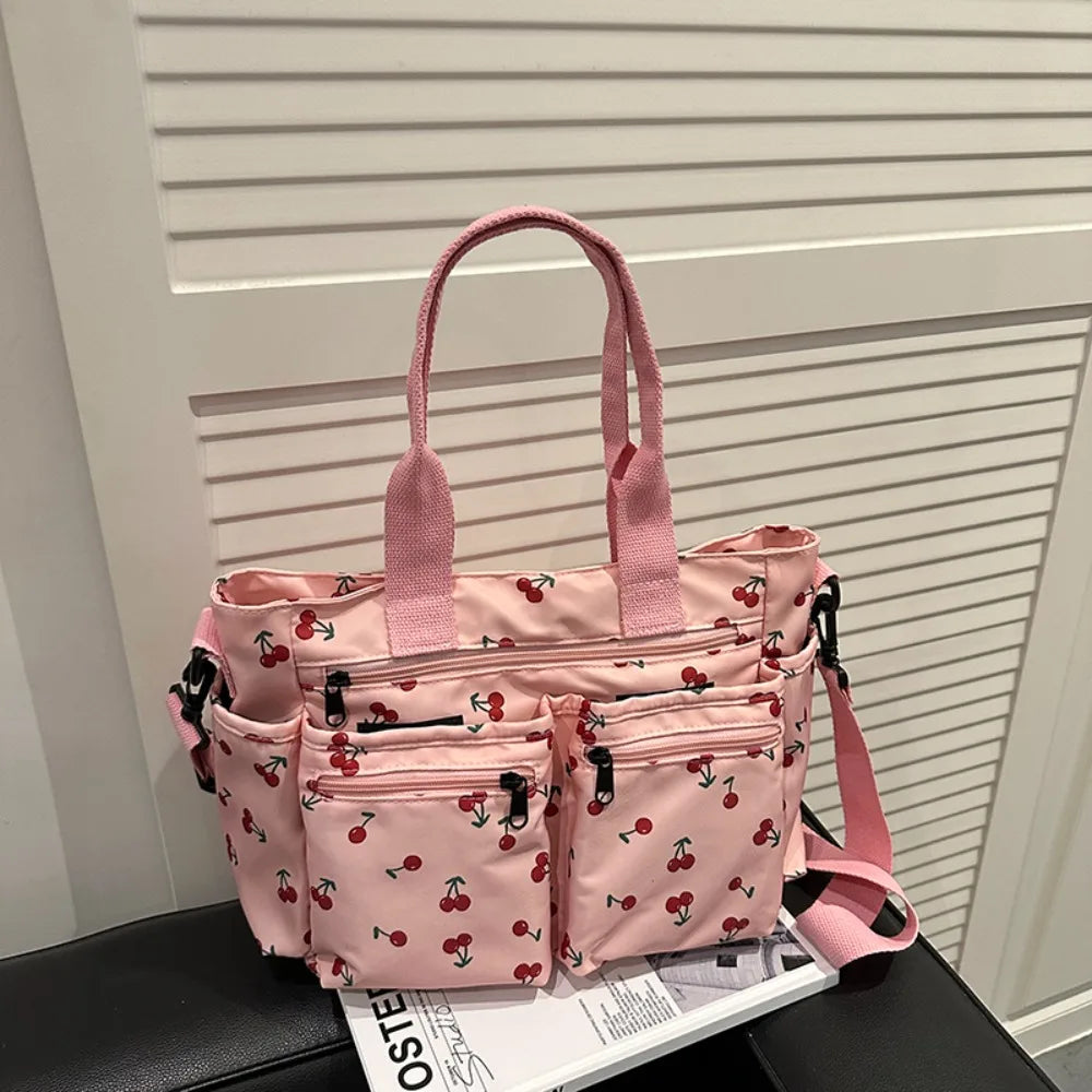 Casual Large Capacity Tote Bag Multi-Pocket Adjustable Strap Crossbody Bag Cherry Print Waterproof Shopping Bag