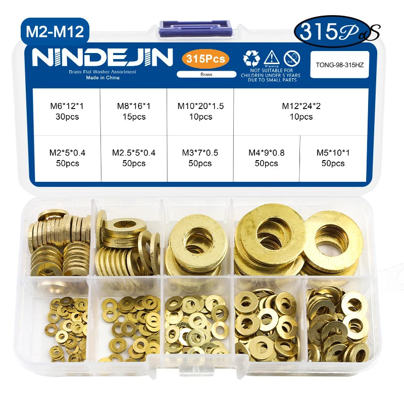 NINDEJIN Brass Flat Washer Set 280/315pcs M2-M12 Metric Brass Plain Washer Flat Gasket Fastener Pure Copper Ring for Screw Bolt