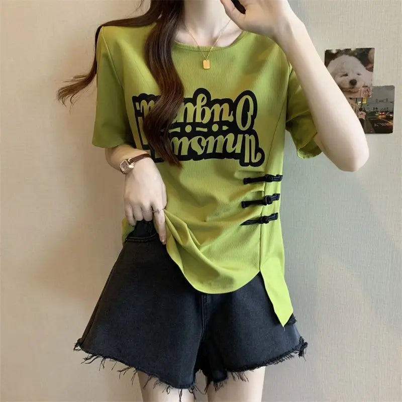 Summer large-size women's clothing is popular, waist and thin irregular buckle design printed short-sleeved T-shirt
