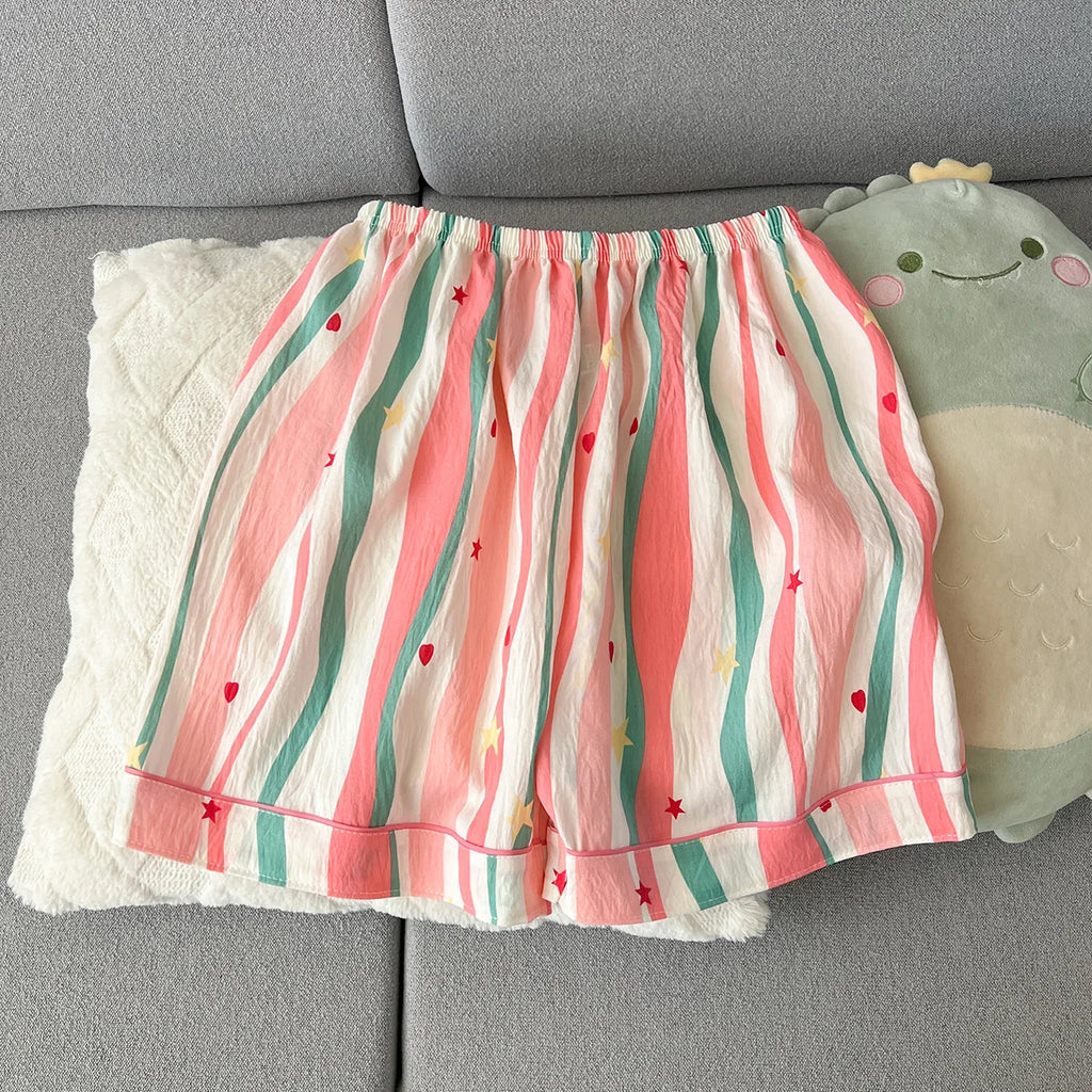 Women's Summer Pajamas, Thin Striped Pattern Short-Sleeved Shorts, Sweet and Cute, Can Be Worn Outside in Summer, Two-Piece Home Wear Set