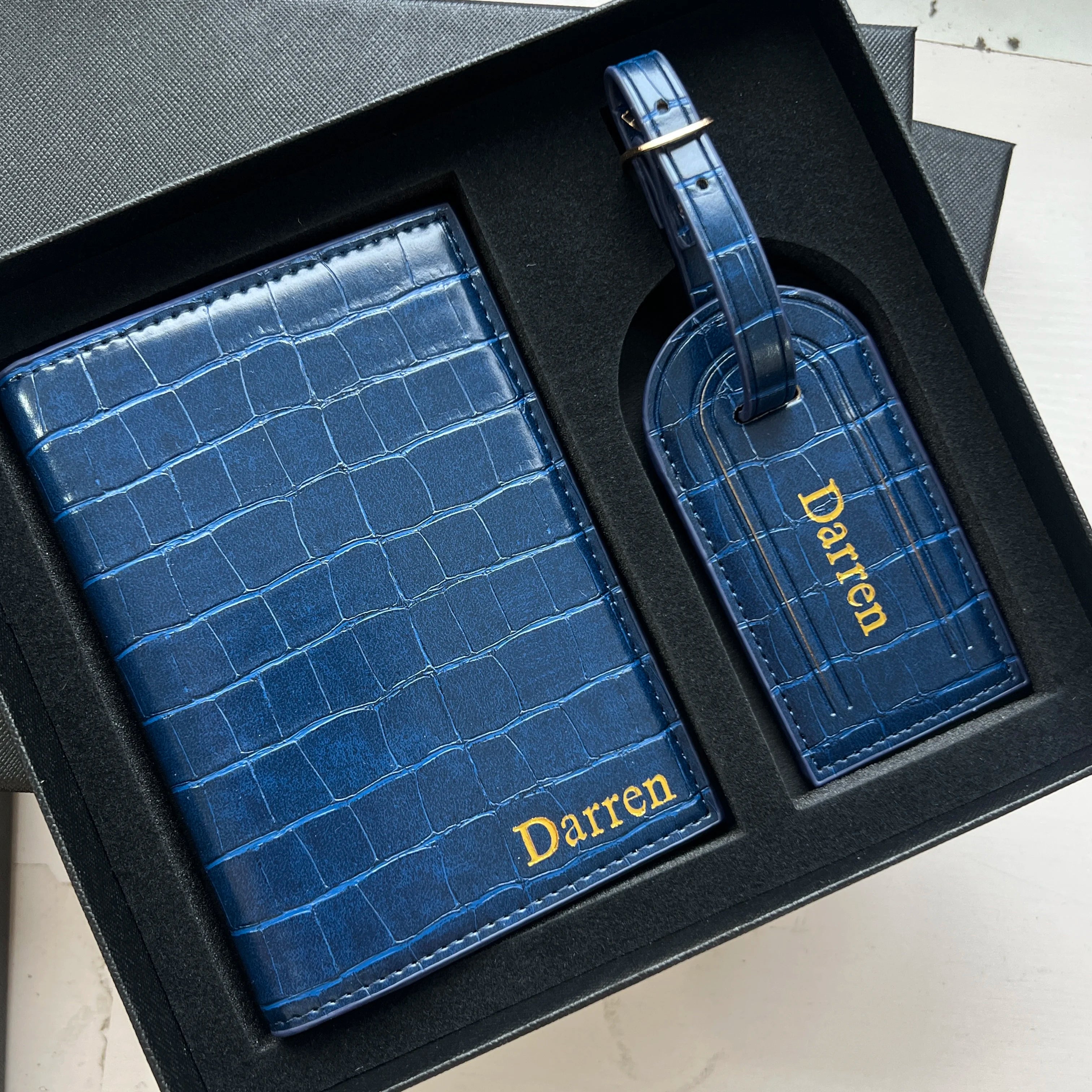 Free Custom Name Initial Gift Box Set Passport Holder Crocodile Leather Luggage Tag Passport Cover Travel Accessories