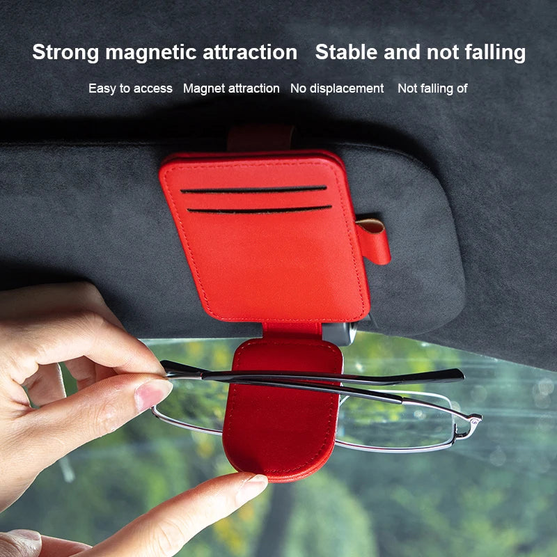 JFBONIN Leather Car Sun Visor Sunglasses Holder with Magnetic Clip Pen And Card Holder Creative Sunshade Storage Case