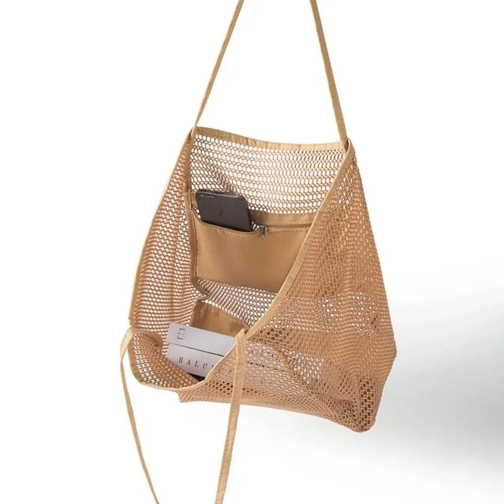 1pcs Foldable Beach Bag with Mesh Net, Women's Shoulder Bag, Essential for Outdoor Travel and Leisure Activities