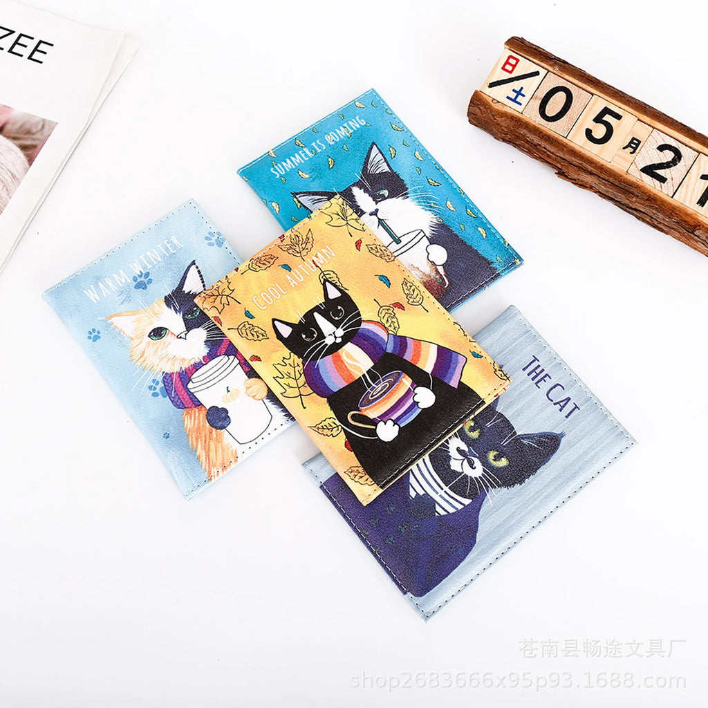 Cartoon cat, PU leather color-printed fashionable passport protective cover, travel document holder, air ticket protective cover