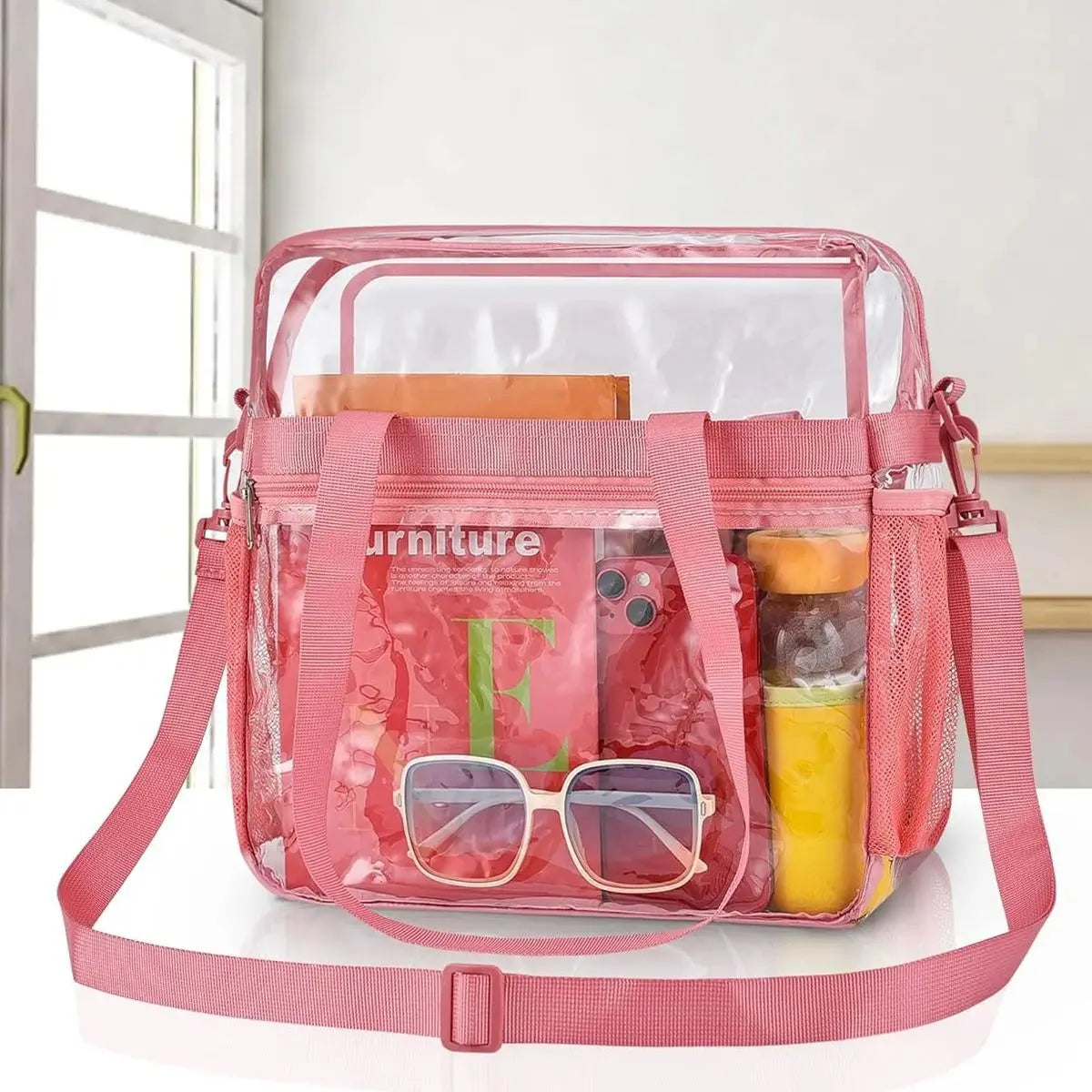Pink Portable PVC Travel Bag for Concerts Sports Festivals,Large Capacity Transparent Design for Easy Organization and Washing