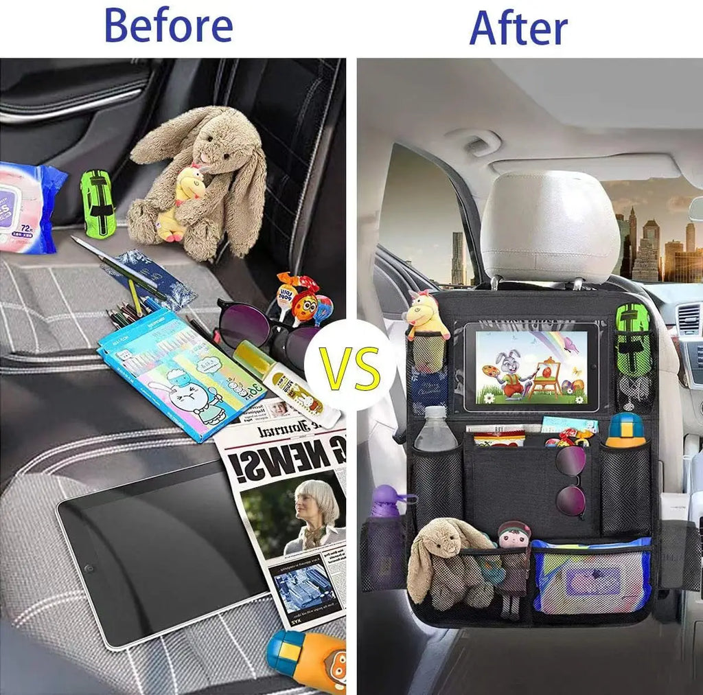 Car Rear Seat Organizer Storage Bag with Touch Screen Tablet Stand, Anti Kick Pad, Rear Seat Protector, Storage Bag