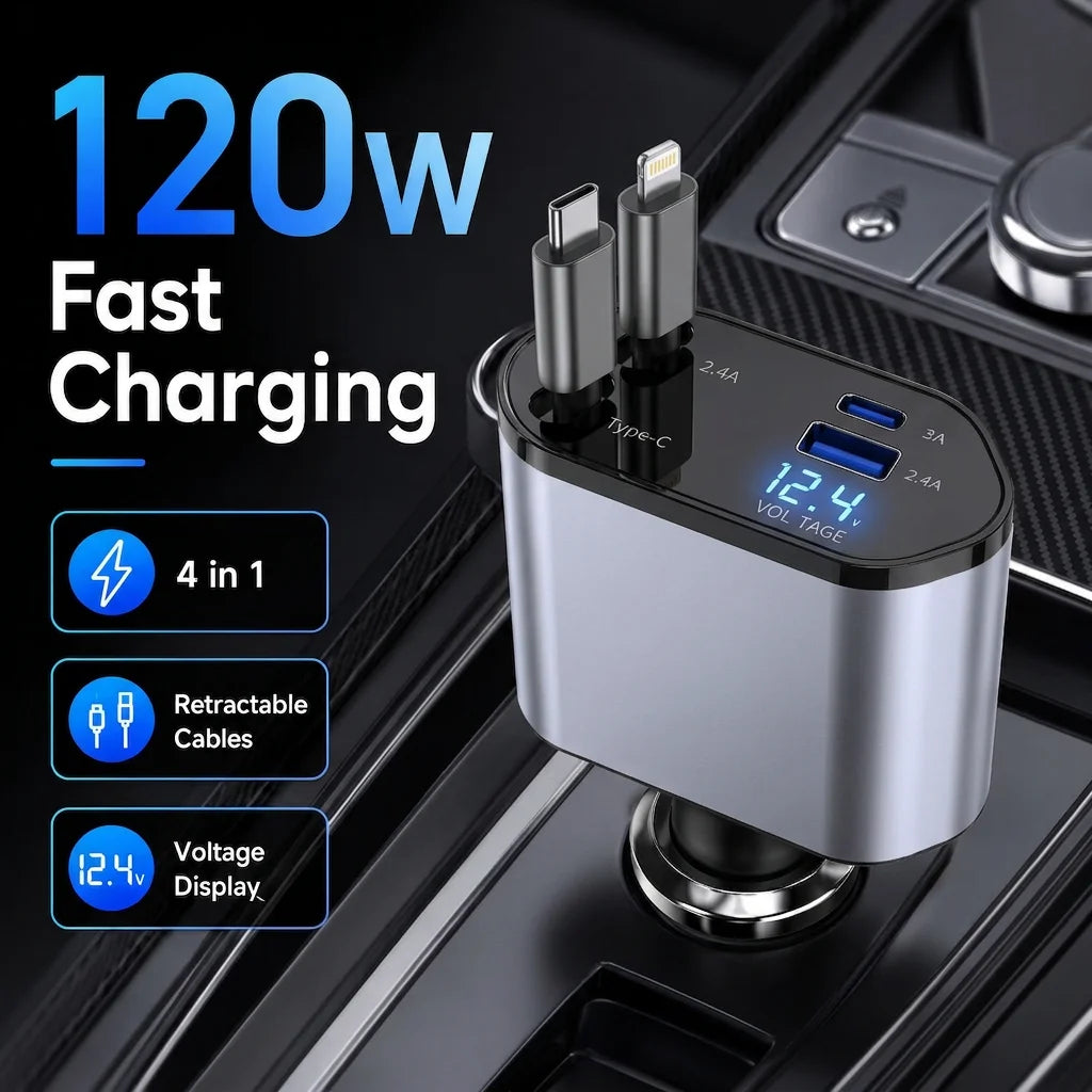 120W Retractable Car Charger 4 in 1 USB C Lightning Fast Charging Adapter for iPhone Samsung Car Accessories