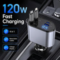 120W Retractable Car Charger 4 in 1 USB C Lightning Fast Charging Adapter for iPhone Samsung Car Accessories