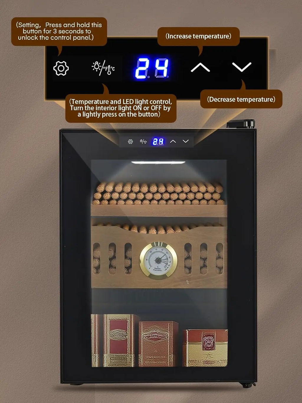 18L Cigar Humidor Cooler, 140-Capacity Electric Cigar Cabinet with Spanish Cedar Shelves, Temperature Control (61-71°F), 360° Air Circulation & Built-in Hygrometer, Triple Glass Door – Black