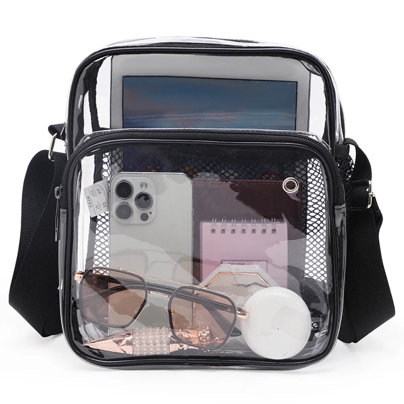 TINYAT PVC Clear Messenger Bag Women Transparent Shoulder Bag Waterproof Crossbody Bag for Music Concert Sports Race