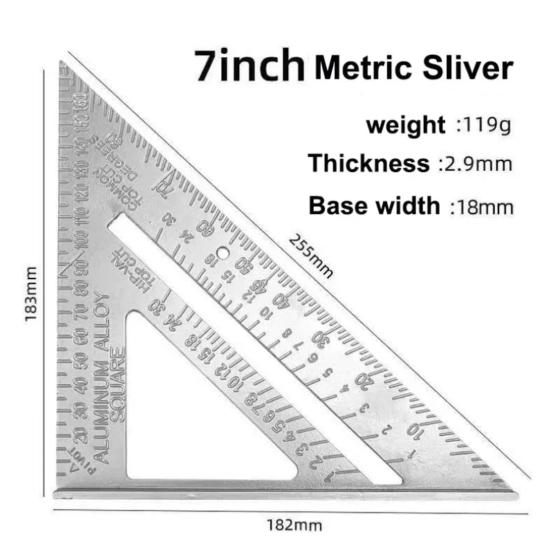 Aluminium Alloy 7/12'' Square Metric Triangle Ruler Made of Aluminium 90 Degree Thin Style Triangle Protractor