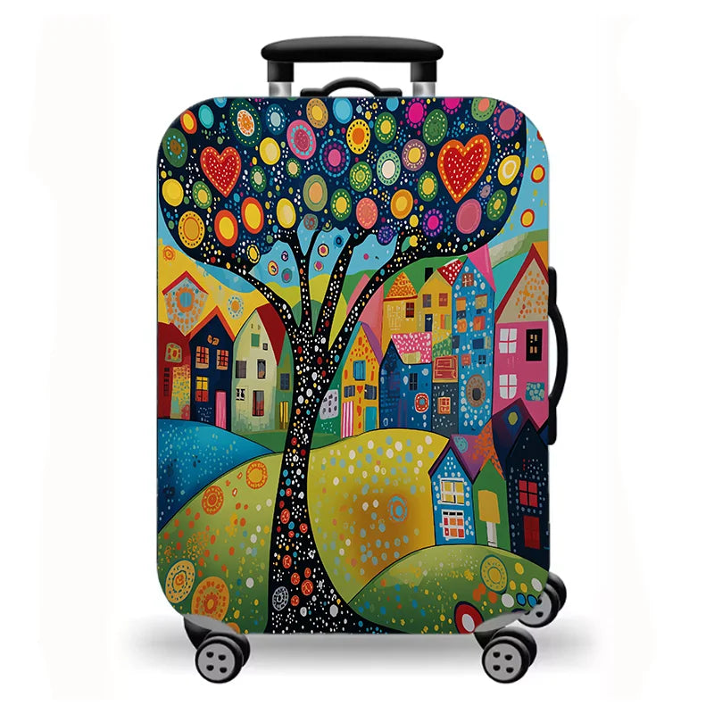 Luggage Cover, Colorful Fairy Tale Town Folk Art Print Stretch Suitcase Protector, Washable Anti-Scratch Travel Baggage Cover