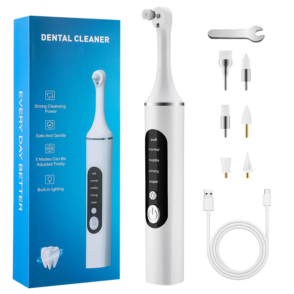 Electric Tooth Polisher Teeth Whitening Cleaner 5 Speed Modes 6 Brush Heads With LED Light Dental Tartar Remover Teeth Clean