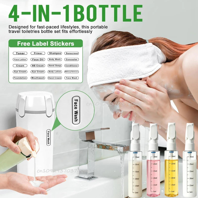 Leak Proof 4 in 1 Travel Dispenser Portable Refillable Travel Container Lightweight Storage Bottle for Shampoo Conditioner