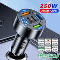 250W 5-in-1 PD QC3.0 Car Charger Fast Charging USB C for IPhone,Samsung Galaxy, IPad Pro, Multi-Port Cigarette Lighter Adapter