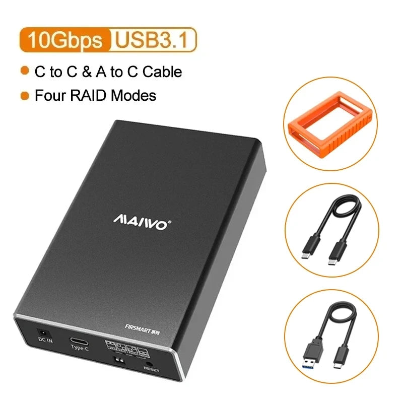 MAIWO Hard Drive Enclosure Dual Bay for 2.5'' SATA SSD/HDD Support 4 RAID Modes Gen2 10Gbps with 16TB Capacity Aluminum HDD Case