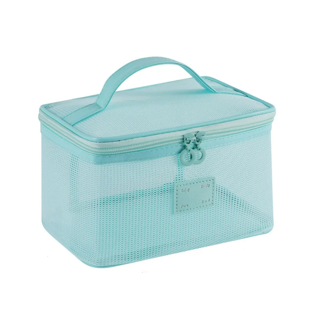Portable Mesh Handheld Makeup Bag Square Lightweight Storage Toiletry Bag Zipper Large Capacity Transparent Mesh Cosmetic Bag