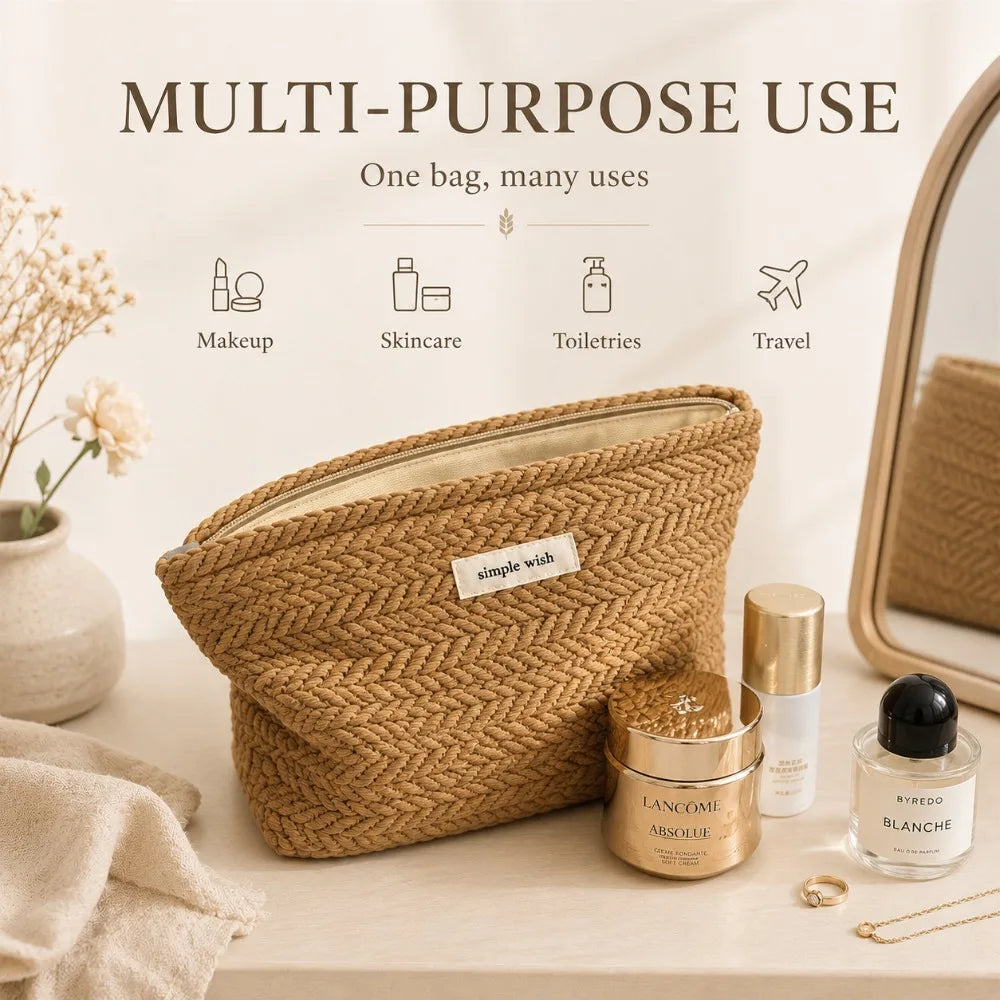 Simple Solid Color Woven Texture Clutch Bag for Woman, Fashion Rice Ear Pattern Large Capacity Makeup Bag, Portable Storage Bag