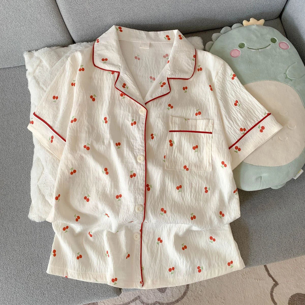 Women's Summer Pajamas, Thin Cherry-Patterned Short-Sleeved Shorts, Sweet and Cute, Can Be Worn Outside in Summer, Two-Piece Home Wear Set