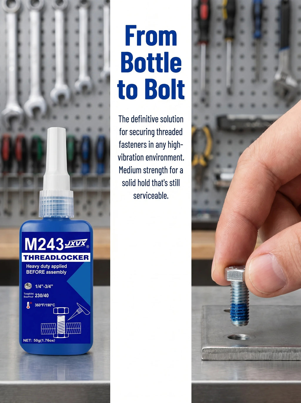 Medium Strength Blue Threadlocker, 50ml, Oil-Resistant and Anti-Rust Anaerobic Adhesive for Metal Fasteners on Motorcycles, Bicycles and Cars