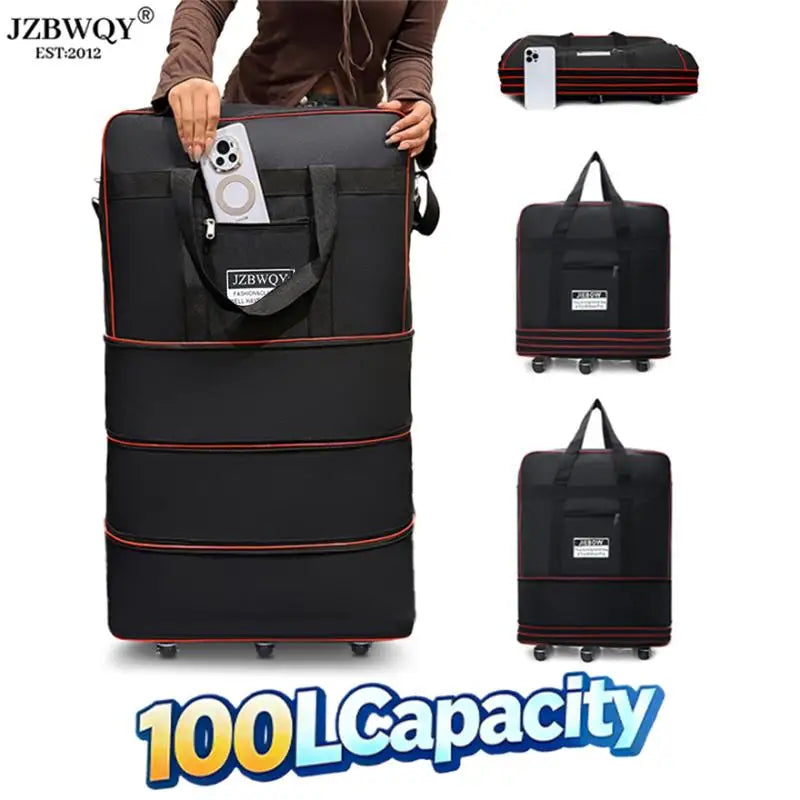 100L Large Capacity Foldable Travel Duffle Bag Expandable Rolling Luggage with 360° Spinner Wheels Lightweight Carry-On Garment Trolley Bag for Women Men Overnight Weekend Moving Beach Vacation
