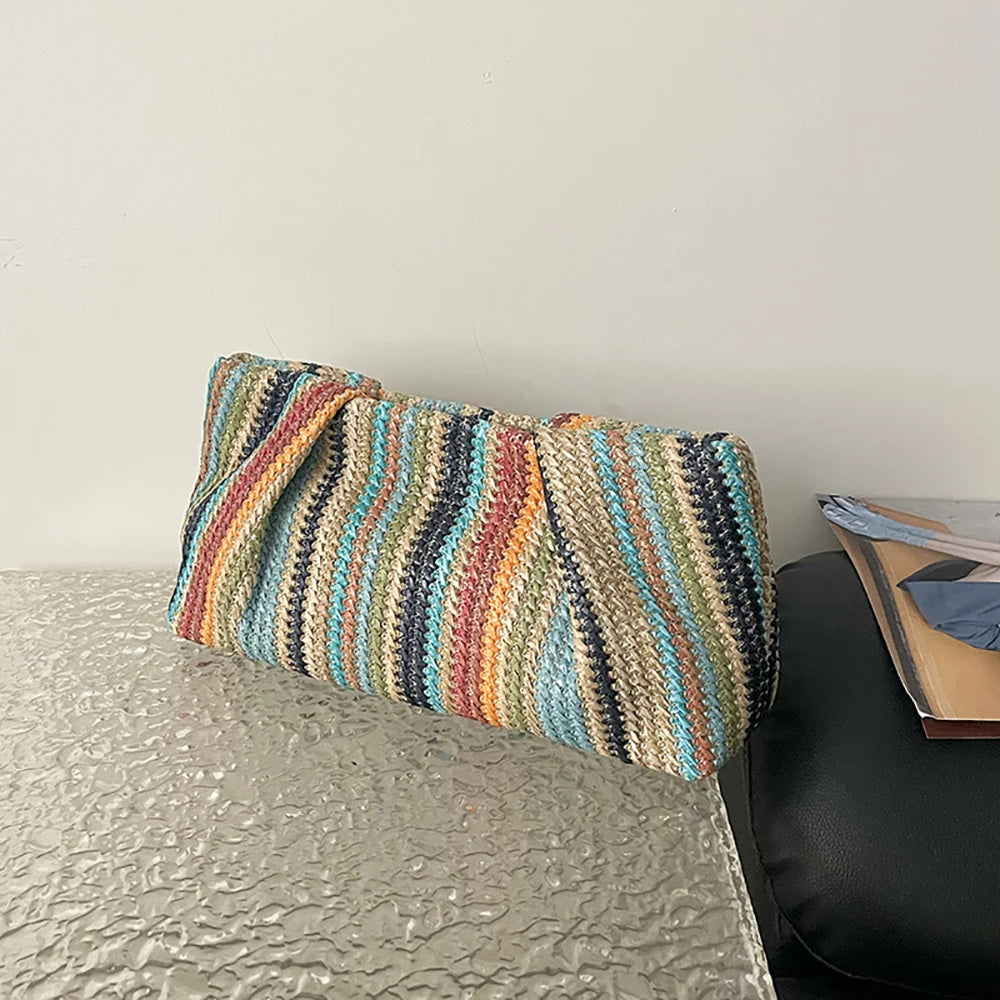 Colorful Striped Woven Clutch Bag for Ladies Summer Beach Vacation Casual Rectangle Handbags Versatile All-Match Phone Bags