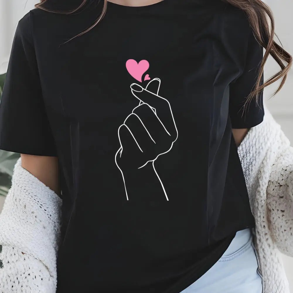 Women's Plus Size Finger Heart K-Pop Shirt T-shirt Cotton Breathable Fashionable and Versatile Unisex Streetwear Oversized