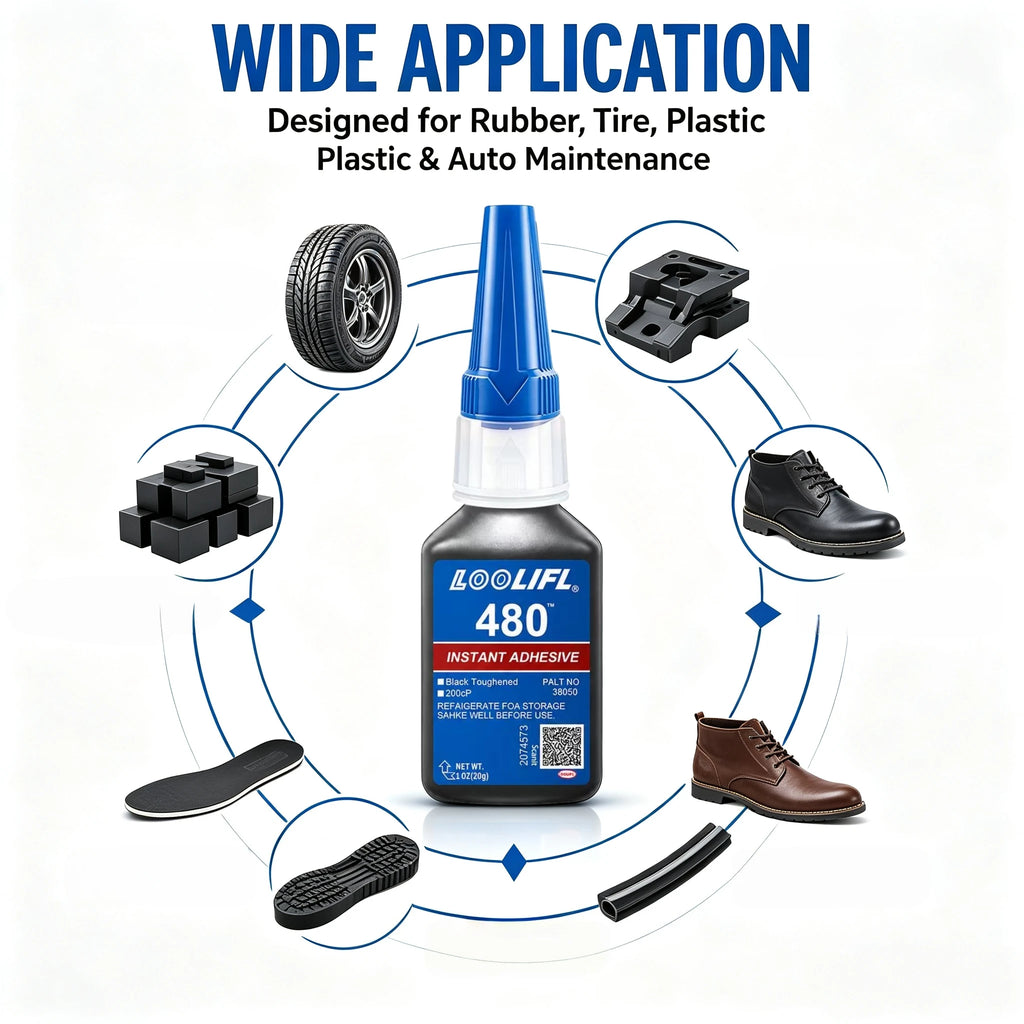2 Bottles LOOLIFL 480 Rubber Repair Glue, Instant Strong Adhesive for Tire, Rubber, Plastic, Leather, Shoe and Auto Seal Repair