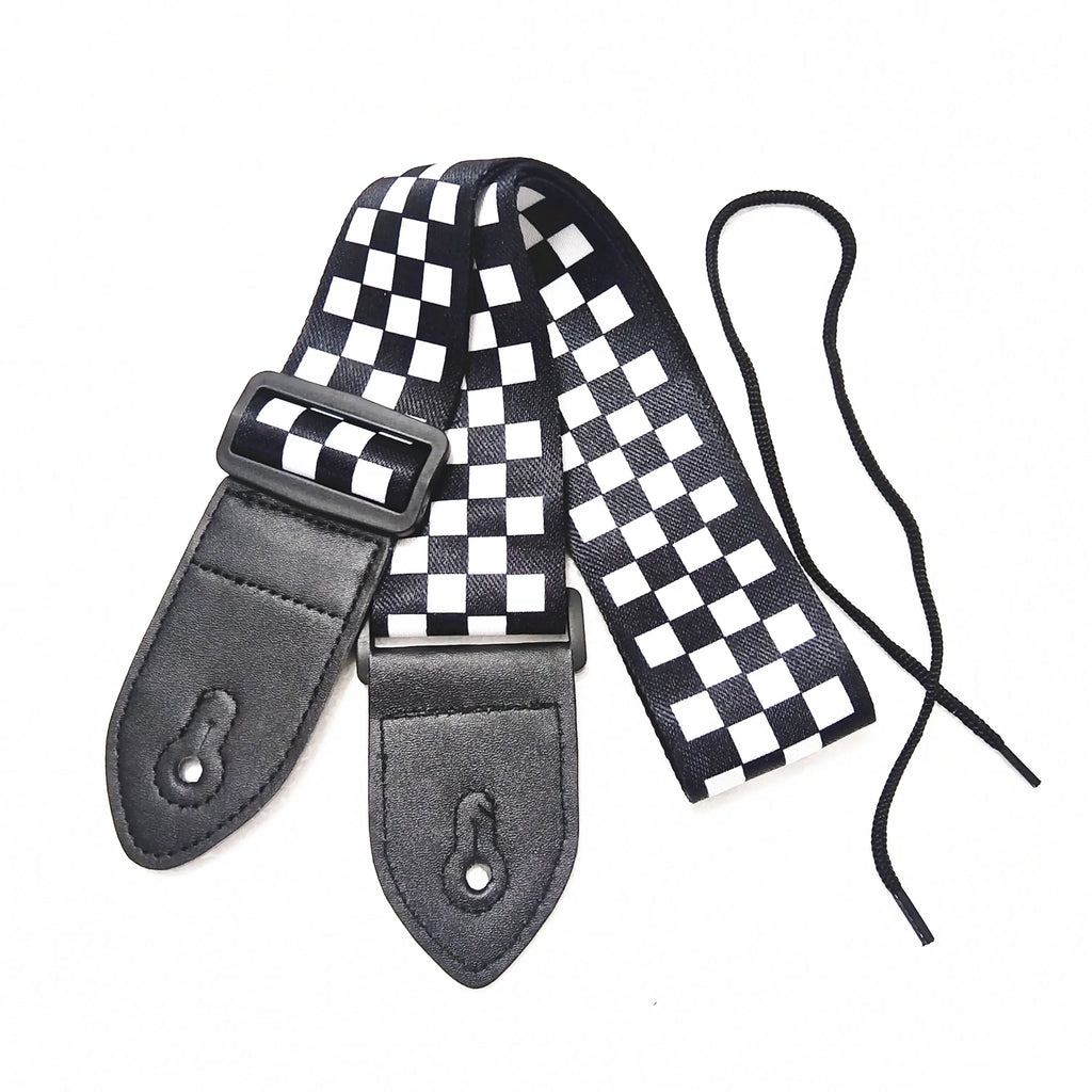 Black White Checkered Polyester Cotton PU Leather Head Ends Bass Ukulele Acoustic Electric Guitar Strap Accessories Parts