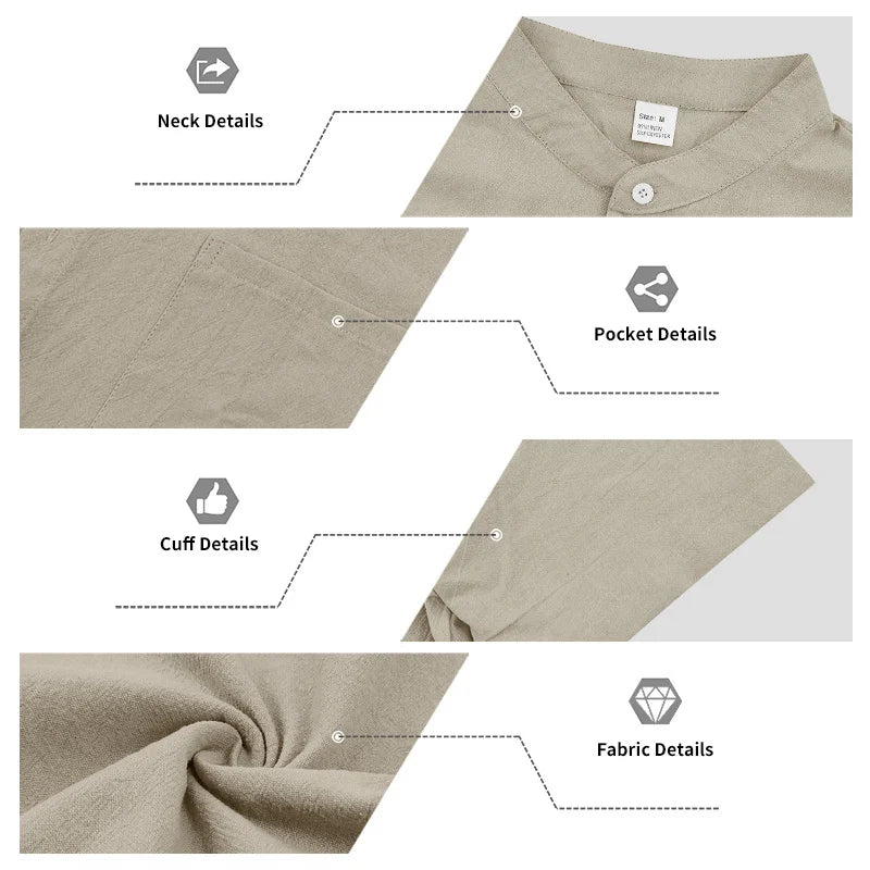 Men's Linen Popular Breathable Simple Two-Piece Set, Stand Collar Short-Sleeve Shirt with Straight-Leg Casual Pants