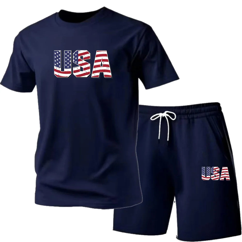 Men's new street fashion casual outdoor T-shirt shorts two-piece set 2026 men's summer outdoor sports breathable set
