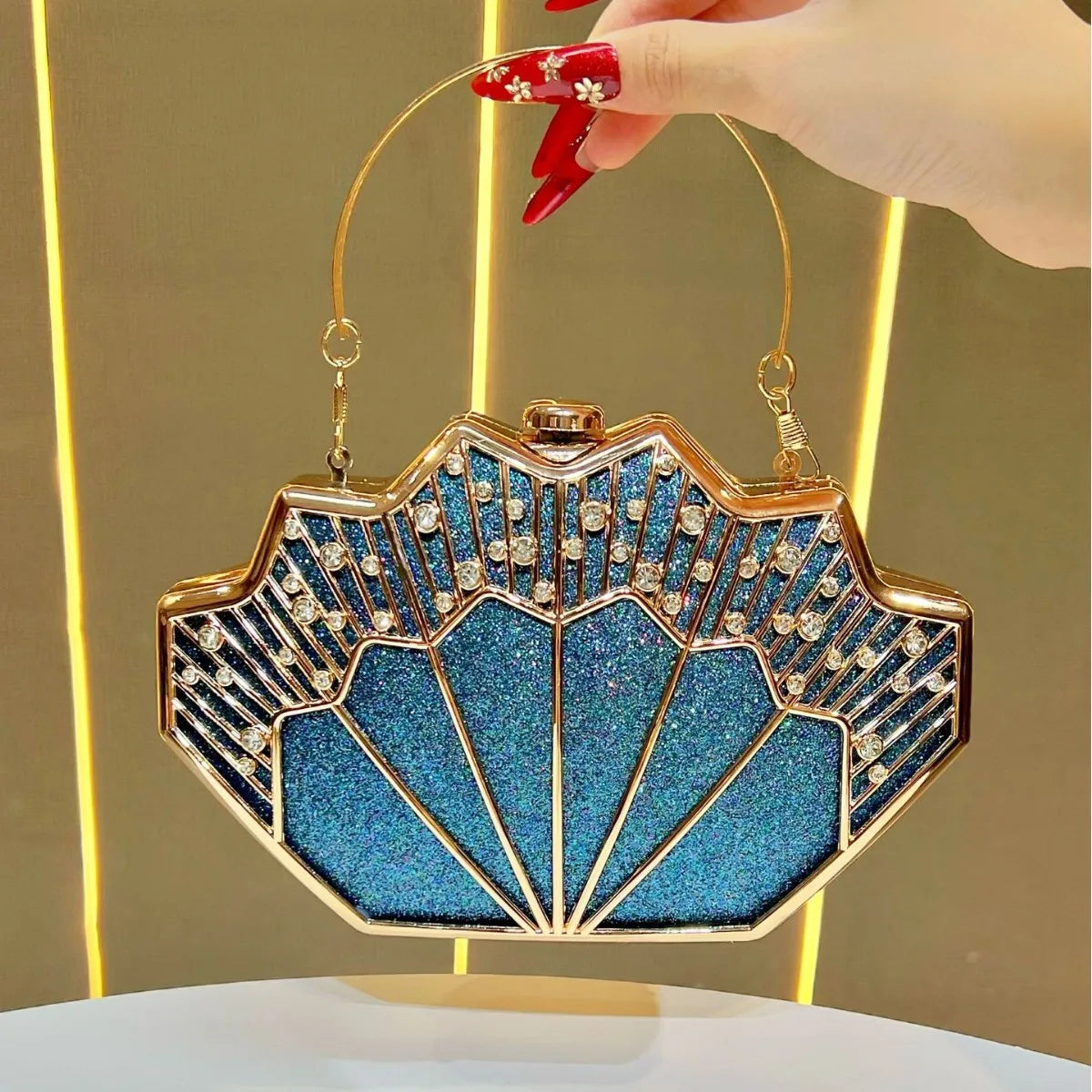 Luxury Fan-shaped Shiny Diamond Studded Women's Evening Bag Creative Branch Design Female Handbag Shoulder Bag for Wedding Party