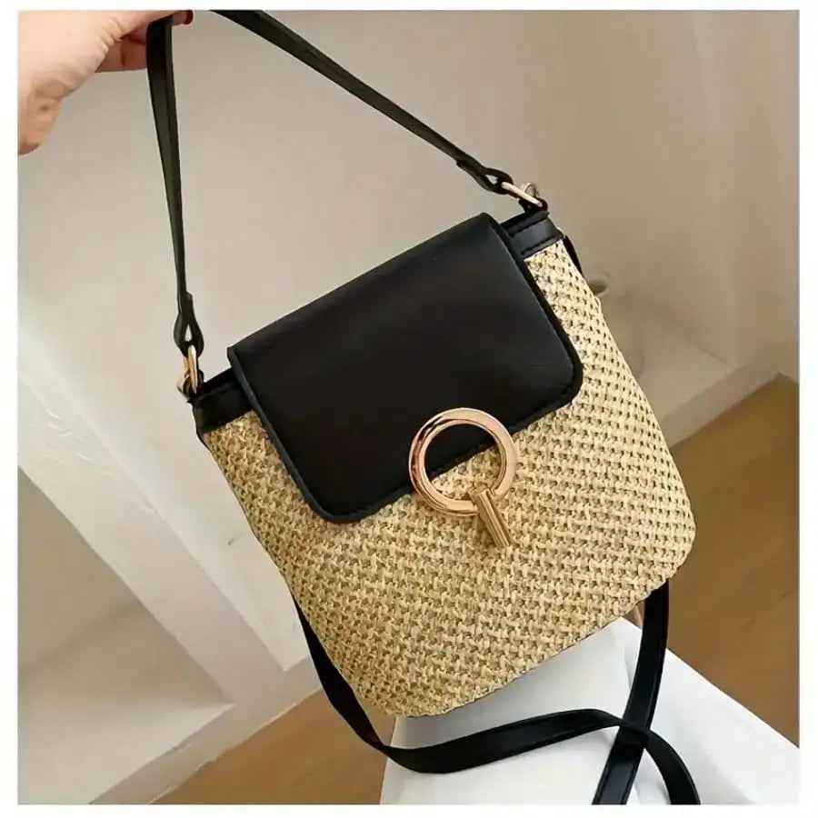 Woven Beach Crossbody Bag, Multi-Functional Adjustable Shoulder Strap, Golden Lock, Suitable For Vacation And Casual Daily Use, Brown/Black/White/Light Blue High-Quality Decorative Travel Handbag
