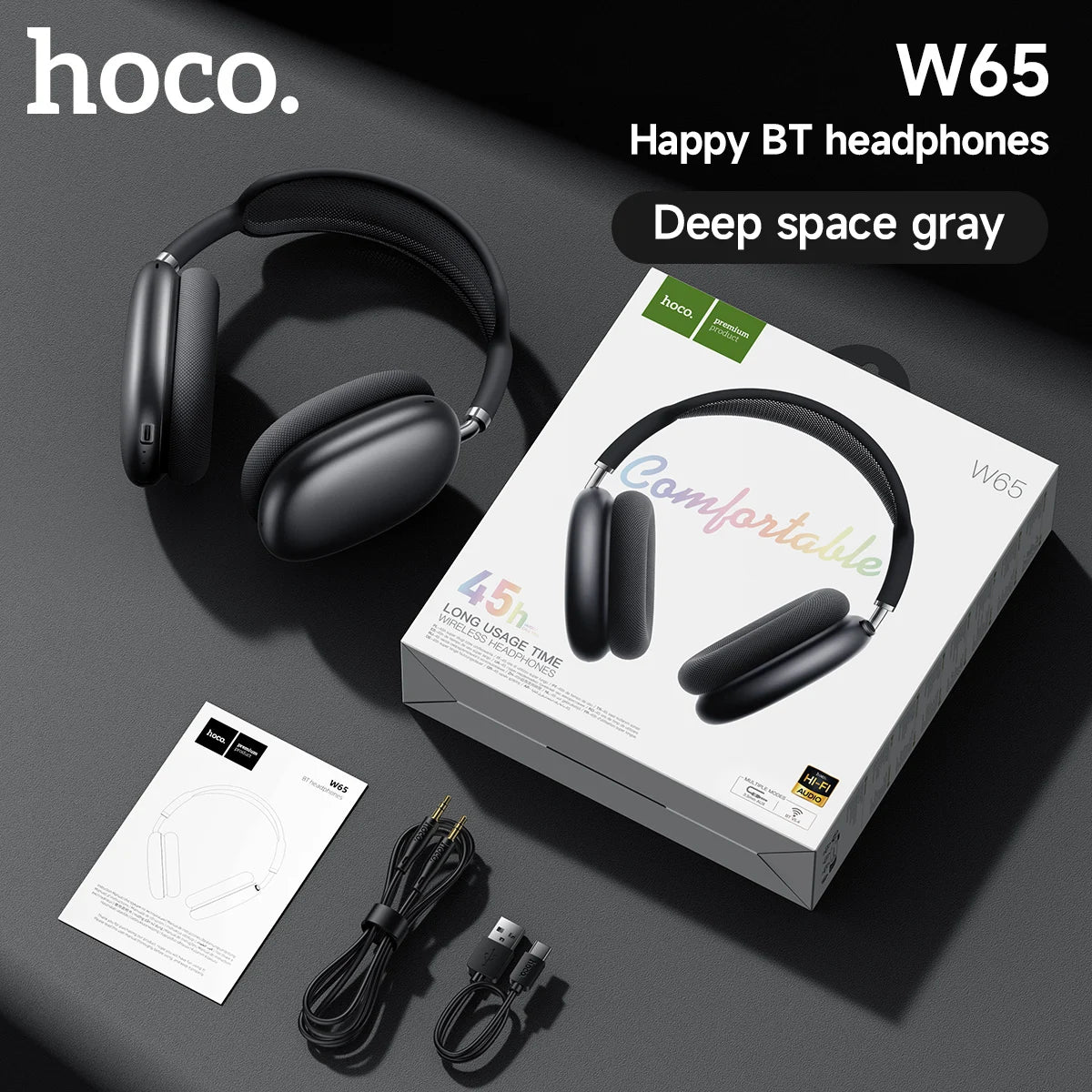 HOCO W65 Bluetooth Headphones Over The Ear Wireless Big Earphone Hifi Sounds Sport Headsets With Volume Button Air Earbuds Max