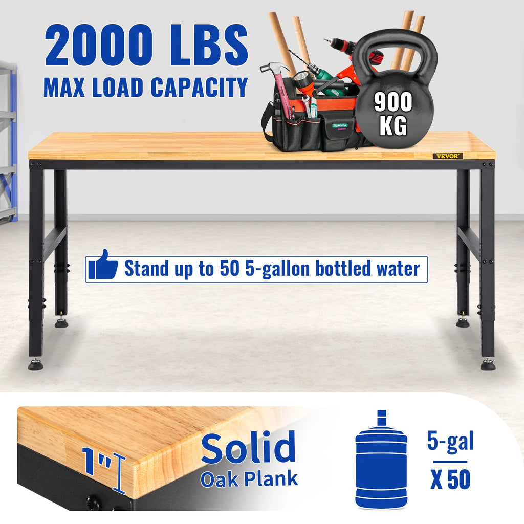 SucceBuy 72cm Woodworking Workbench Adjustable Height Oak Wood Hardwood Top Work Table 900KG Capacity for Office Home Workshop