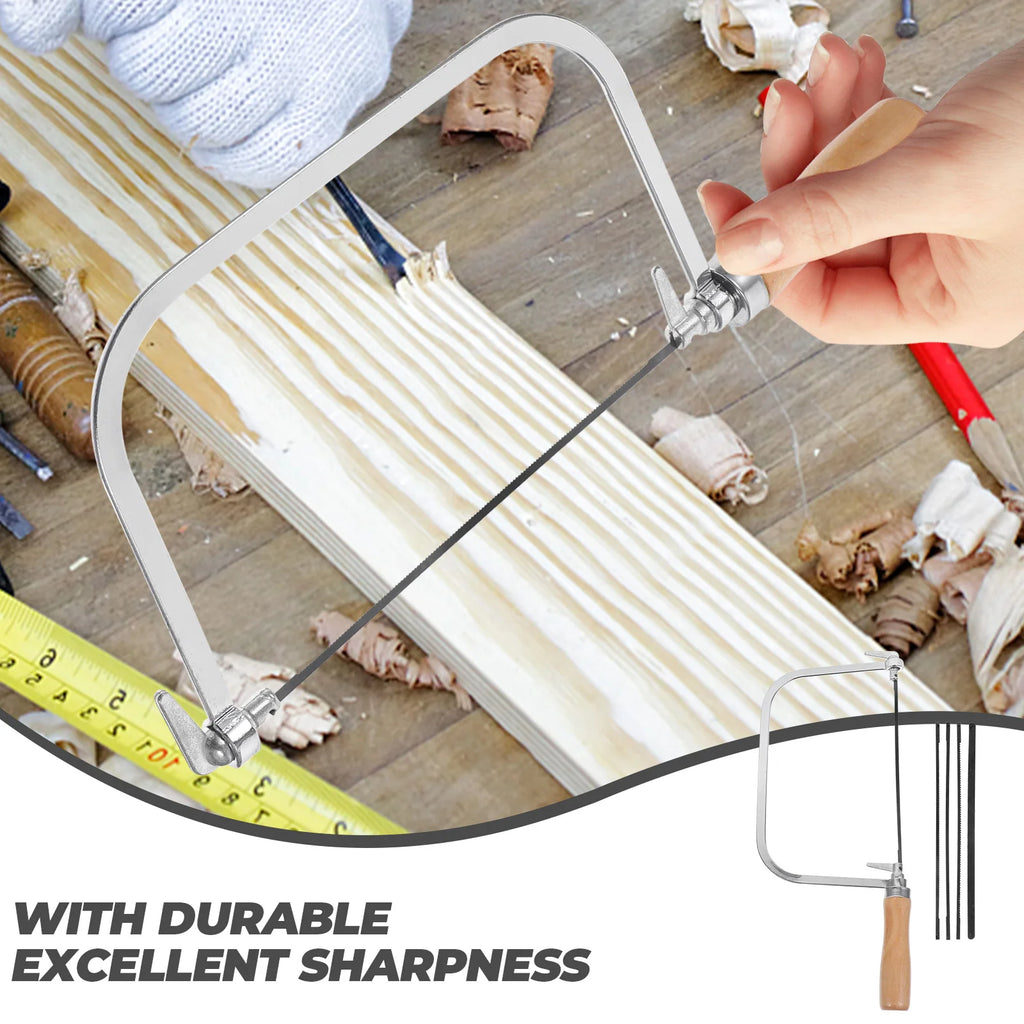 Portable Coping Saw Wooden Handle Hand Scroll Woodworking Small Bow Wood Hand Saw Woodworking Tool with Replacement Blades