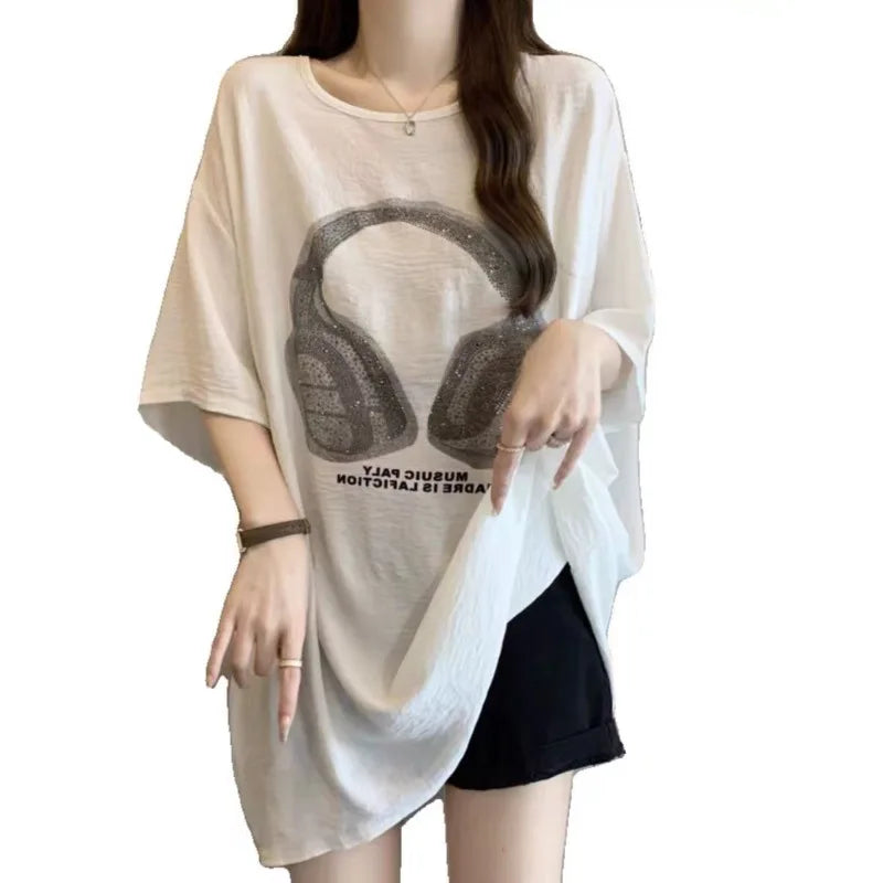 Plus-size women's spring and summer hit loose slimming crinkled ice silk heavy-duty iron-on rhinestone short-sleeve T-shirt