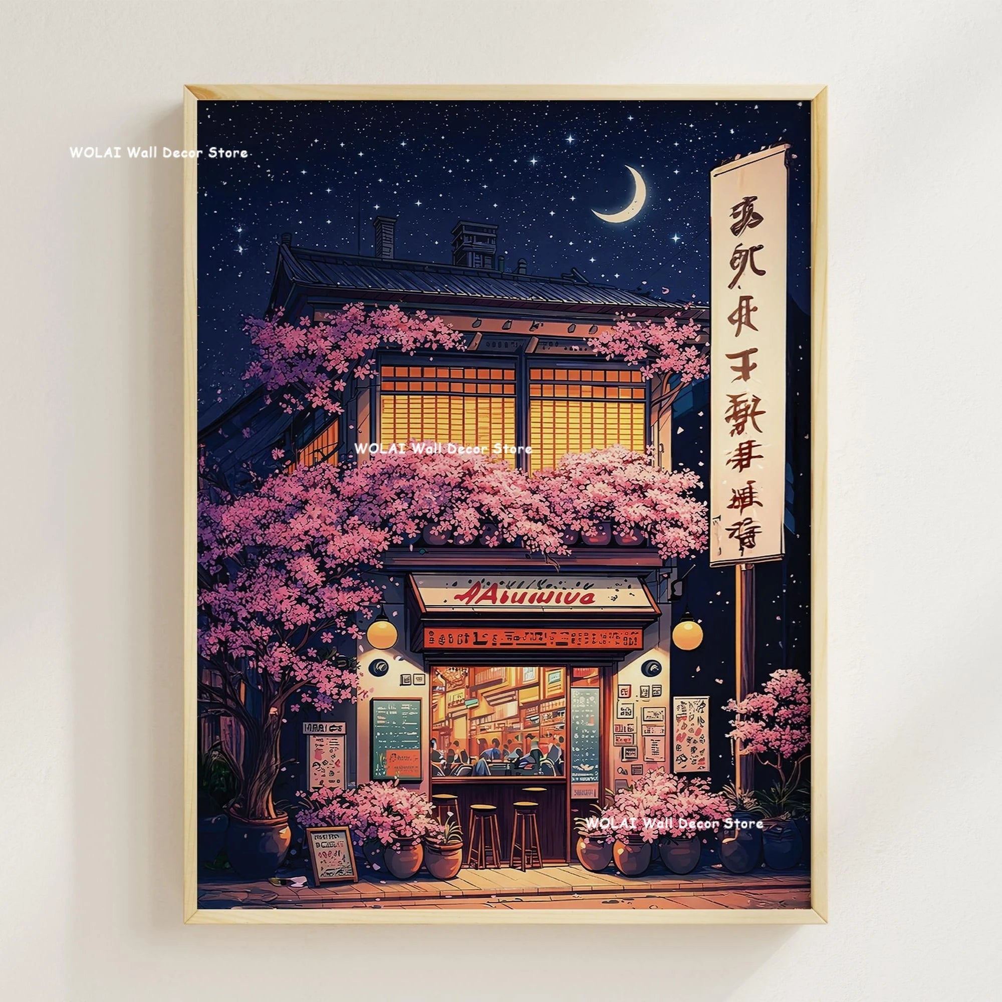 Anime Cafe Shop and Bicycle Canvas Poster Ghibli Work Anime Style Street Cafe Scene Wall Art Printing for Living Room Home Decor
