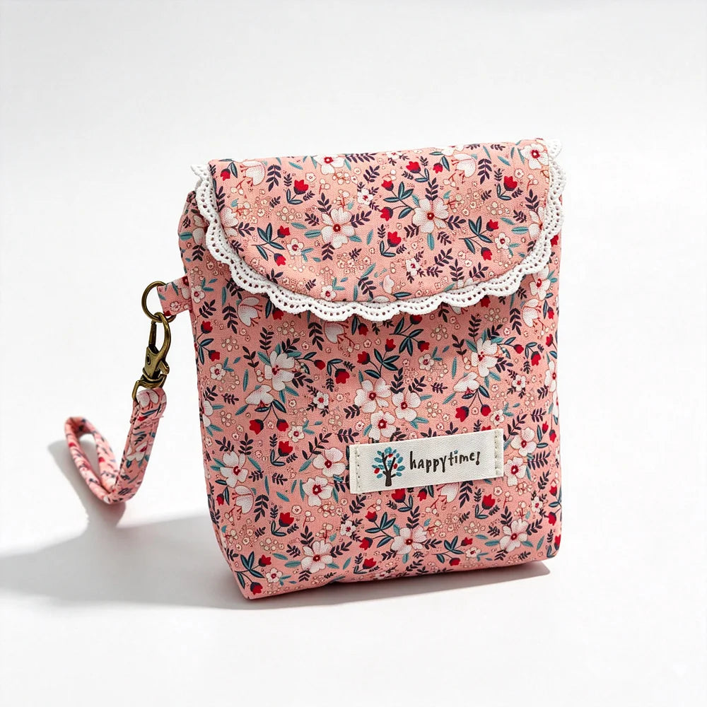 Cute Floral Lace Edge Mini Wristlet Bag, Canvas Flap Phone Purse With Detachable Strap, Portable Card Coin Storage Pouch For Lad