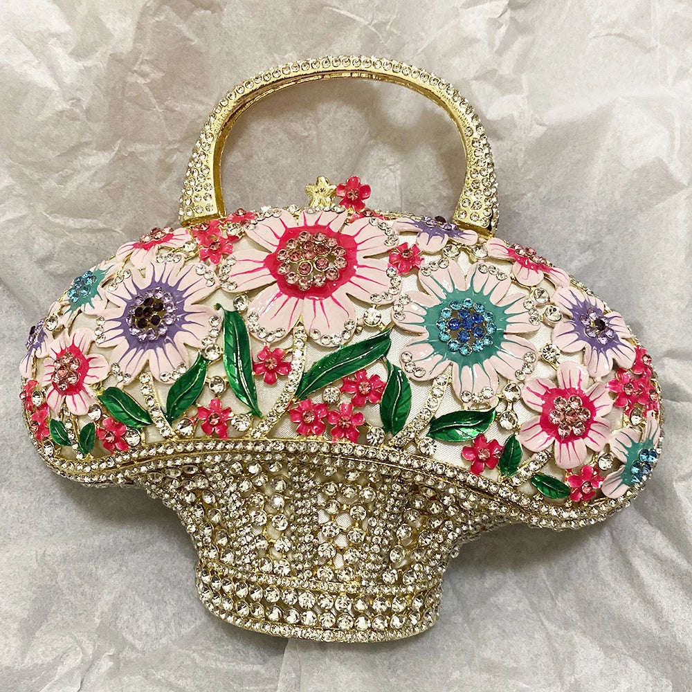 WHTUOHENG Women's Rhinestone Embellished Flower Leaves Basket Clutch Bag Luxury Diamond Evening Purse Crystal Bridal Handbag