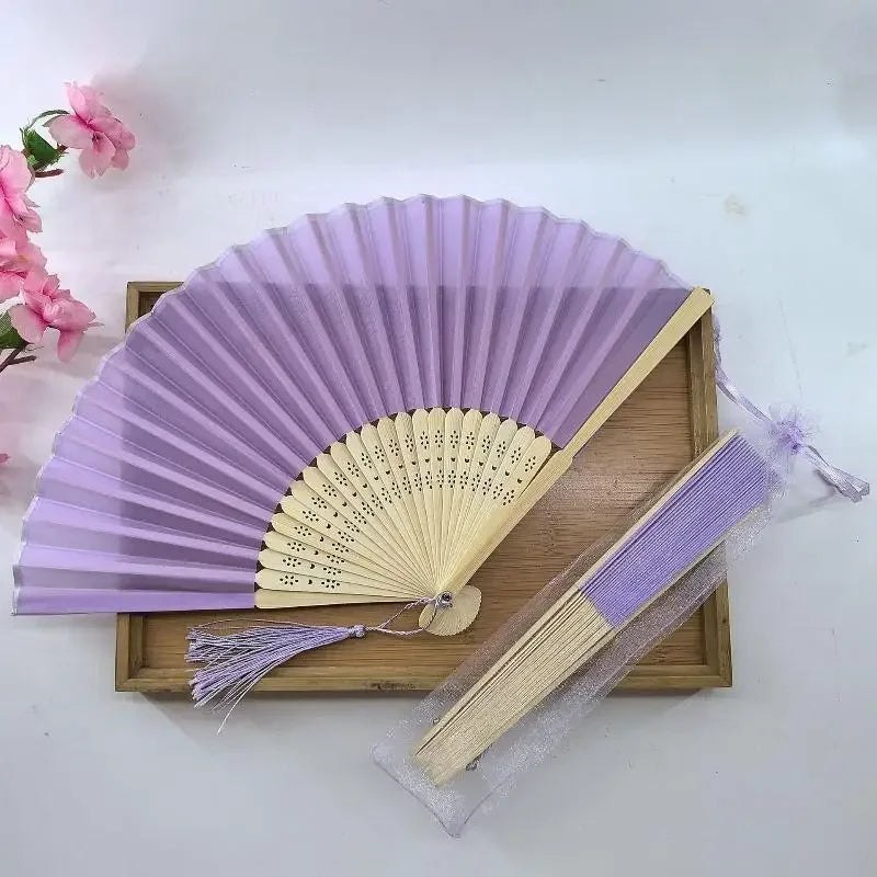 Chinese Style Folding Fan Wear Resist With Organza Bag Bamboo Hand Fan With Tassel Cooling Tool Silk Hand Fan Party Decoration