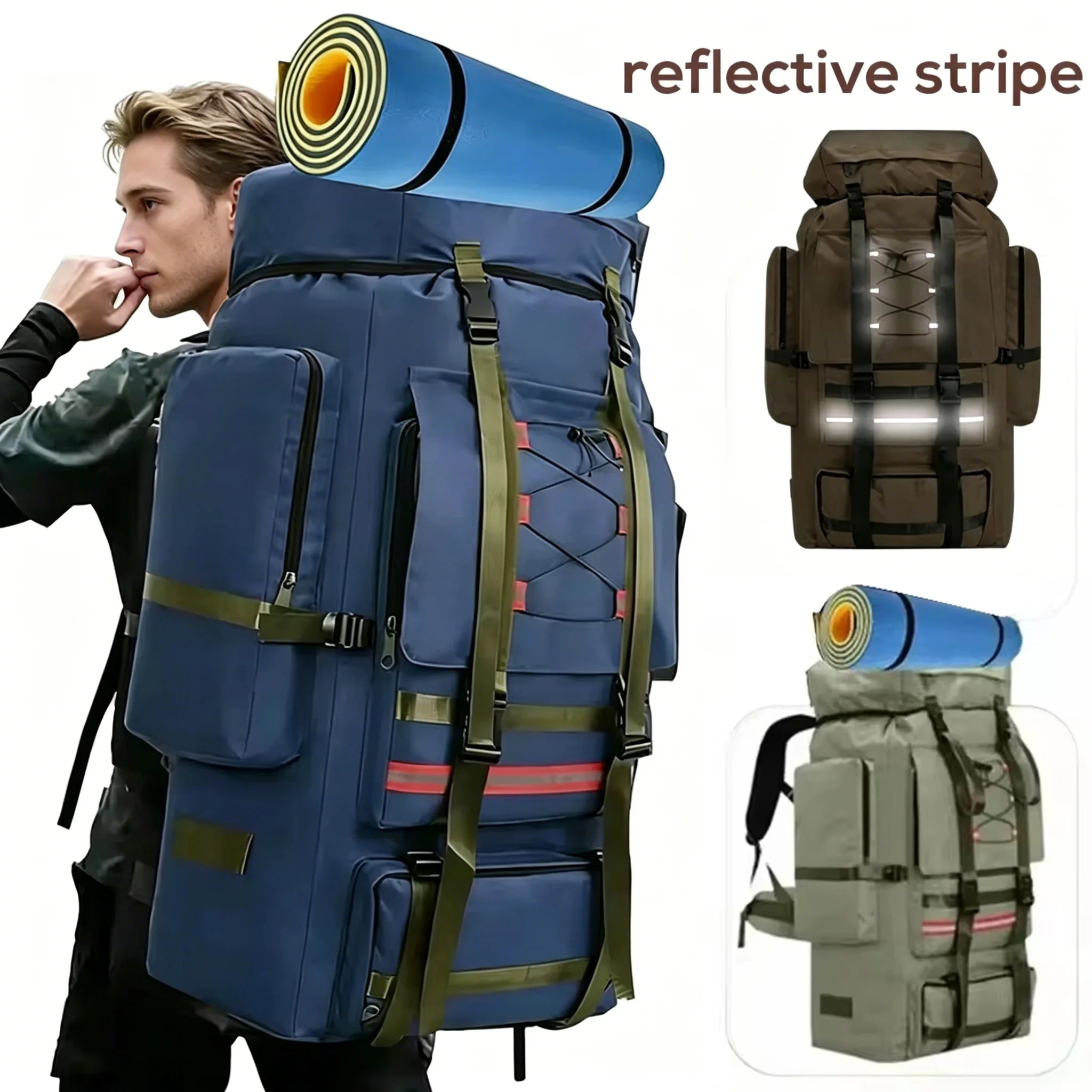 130L Hiking Camping Backpack Travel Large Luggage Bag Trekking Outdoor Sports Pack Molle Trekking Rucksack with Reflective Strip