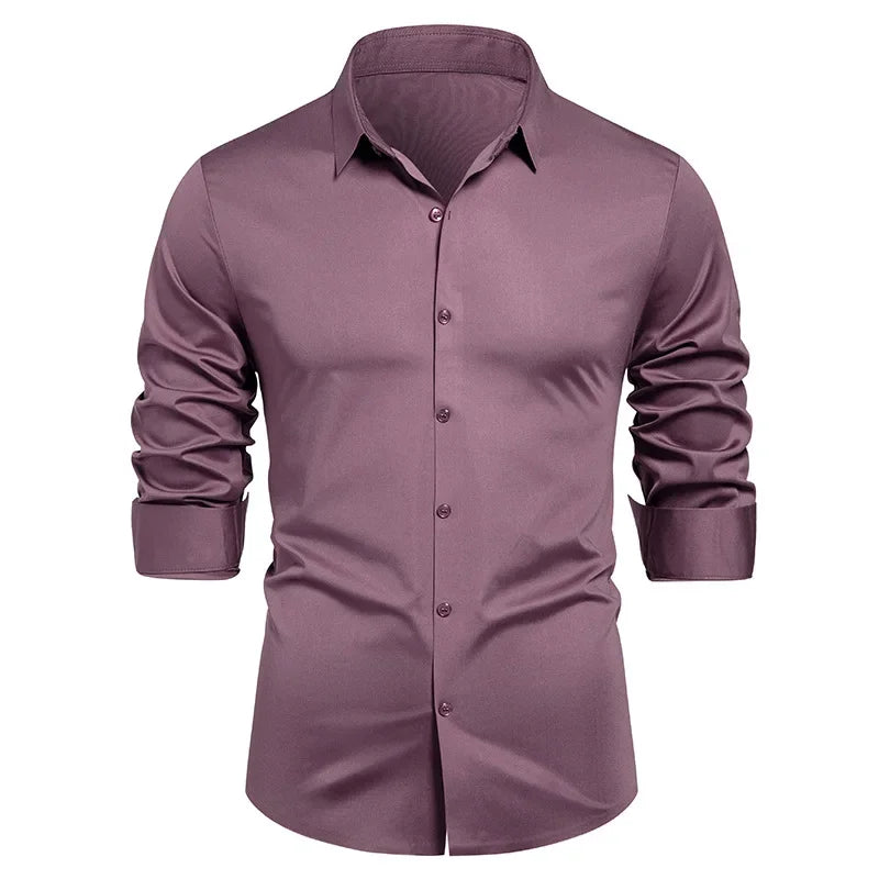 High-end Formal Work Shirts Men Spring Autumn Long Sleeve Elastic Shirt Anti-wrinkle Free Ironing Business Comfort Slim Workwear