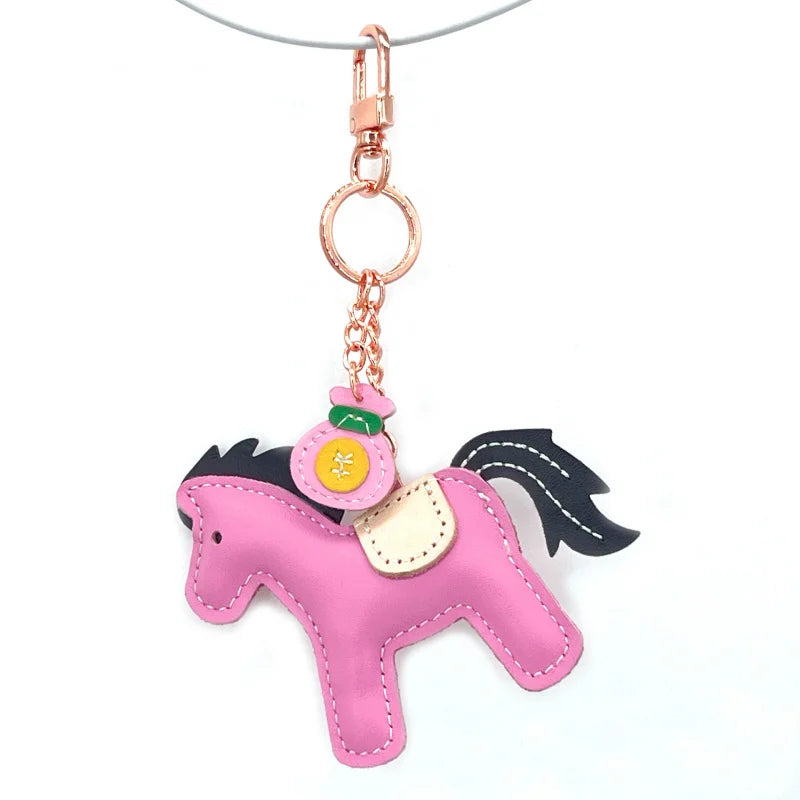 New Trendy Cow Leather Pony  Key Ring Handbag Pendant Cute Horse Keychain Luggage Bag Parts Accessories