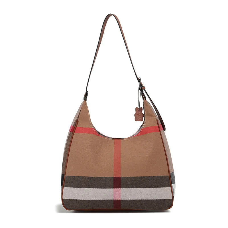 Fashionable and Casual Large Capacity Tote Bag Plaid with Genuine Leather Single Shoulder Bag 2025 New High-End Trendy Popular