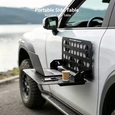 Heavy Duty Metal Foldable MOLLE Car Side Hanging Tray Off-Road SUV Camping Picnic Outdoor Travel Storage Serving Desk Gear Rack