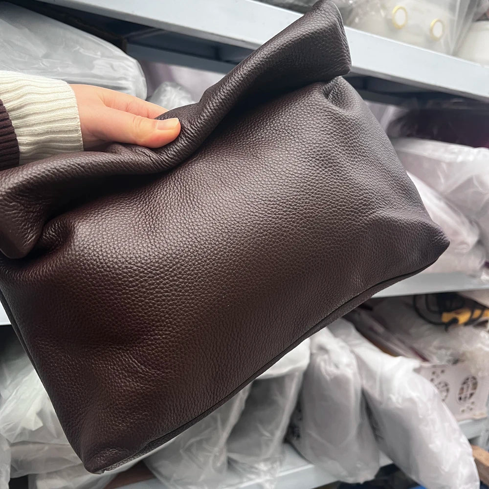 100% Genuine Leather Cowhide Handbag High Quality Leather Women's Foldable Designer Handbag Simple Magnet Handle Bags