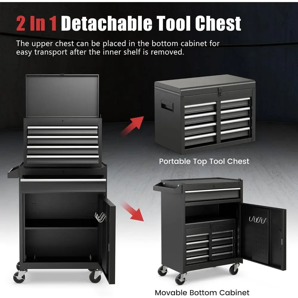 5 Drawer Rolling Tool Cabinet with Detachable Top, Lockable, Metal Storage Cart for Workshop