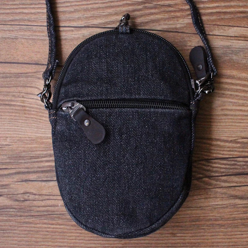 Retro Denim Mobile Phone Bag Unisex  Crossbody Casual Versatile Trendy Korean Style Zipper Closure Pure Color round Shape