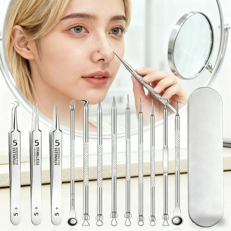11pcs Stainless Steel acne needle Blackhead And Pimple Removal Tool,Professional Extractor Kit With Portable Case,Beauty Tools